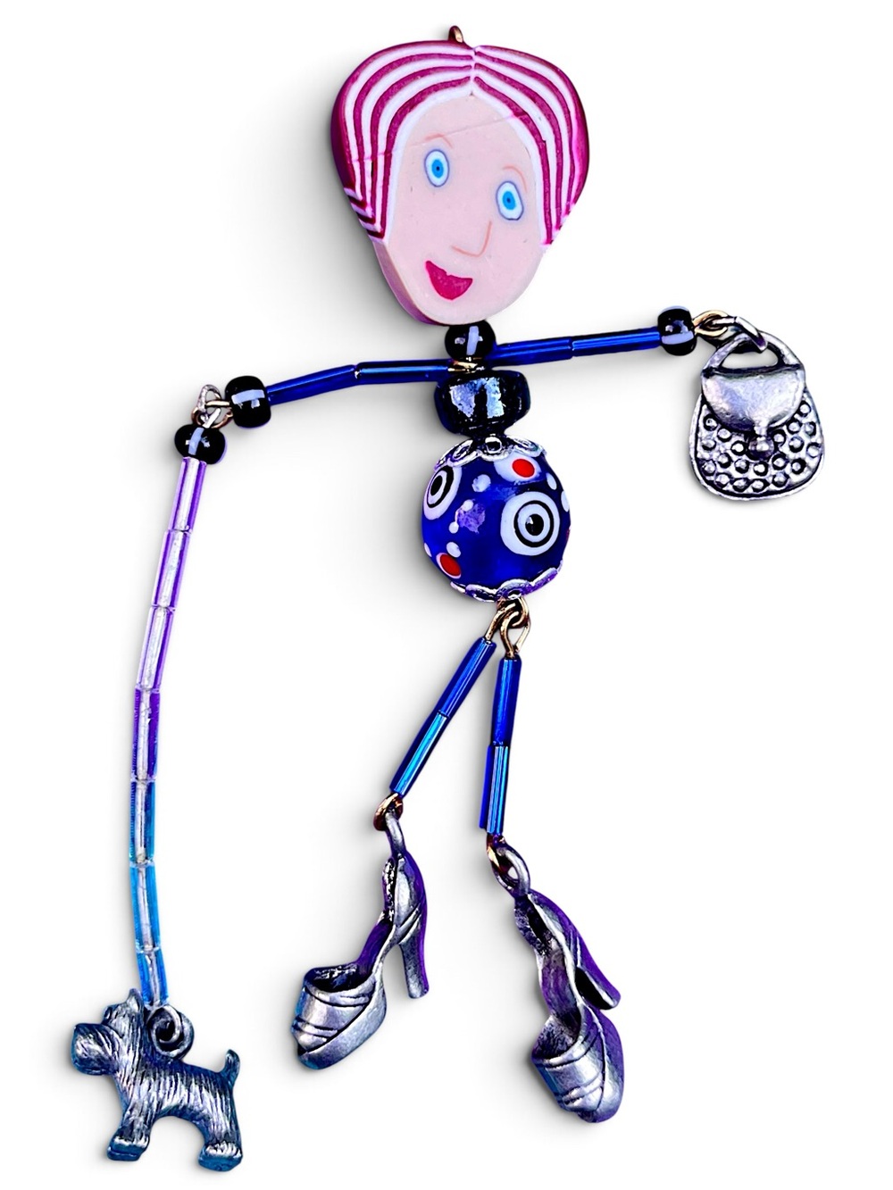 Vintage 90s Whimsical Polymer Clay Girl Walking Dog Dangle Pin Brooch